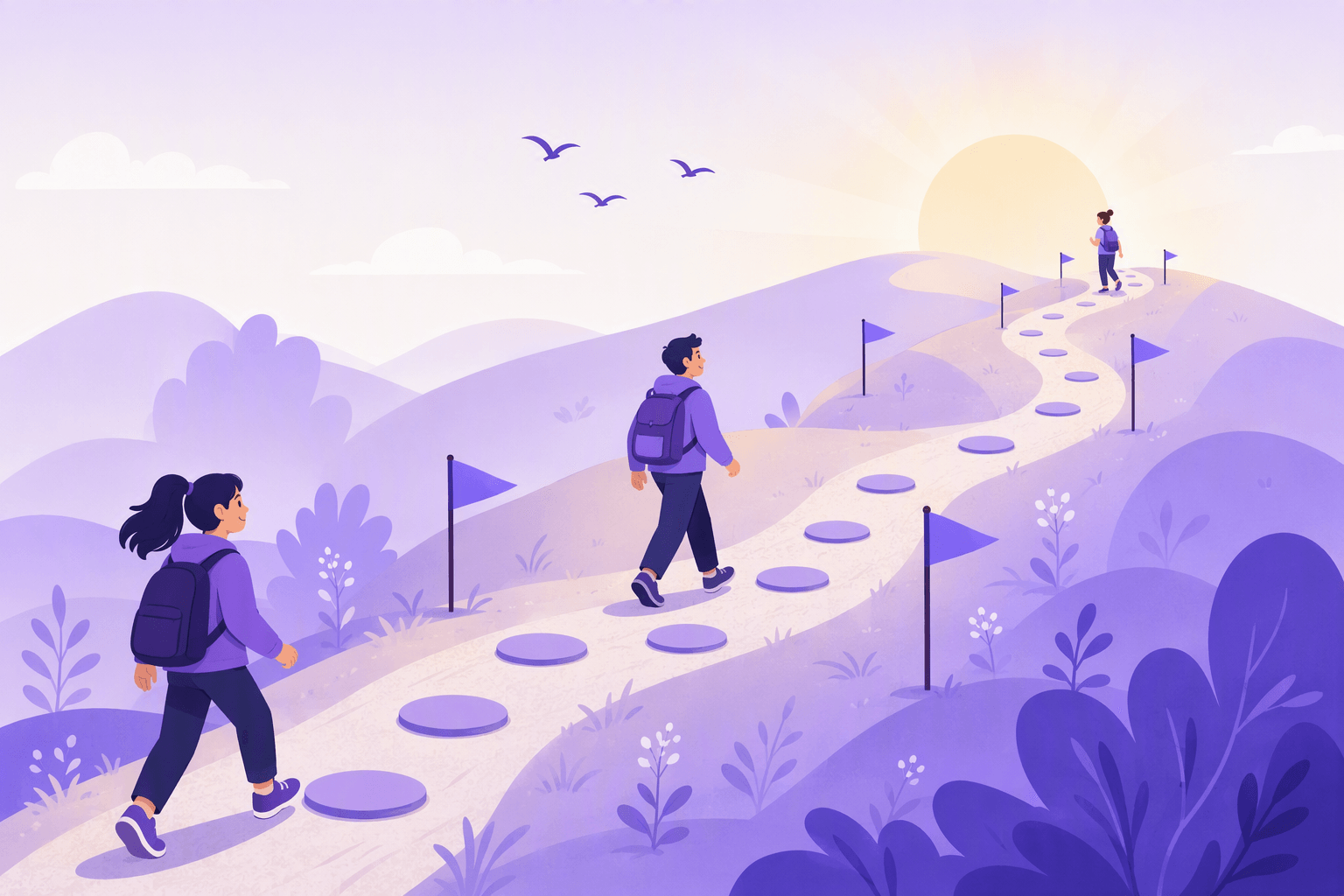 Três aprendizes em pontos diferentes de um caminho sinuoso a subir, marcado com pedras de passagem e bandeiras, ilustrando os marcos entre os níveis iniciante e avançado