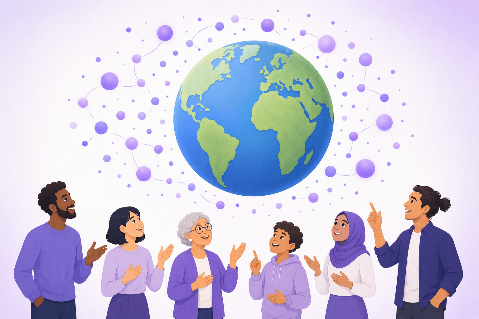 A globe surrounded by a halo of differently sized markers linked into small clusters, with diverse people looking up at it, illustrating the thousands of speech communities worldwide