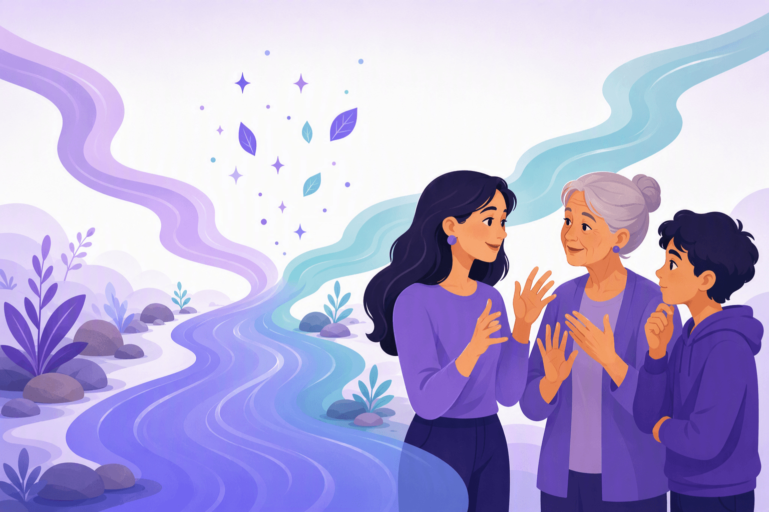 Two rivers merging into one wider stream behind three people communicating with expressive hand shapes, illustrating creole formation and emerging sign languages
