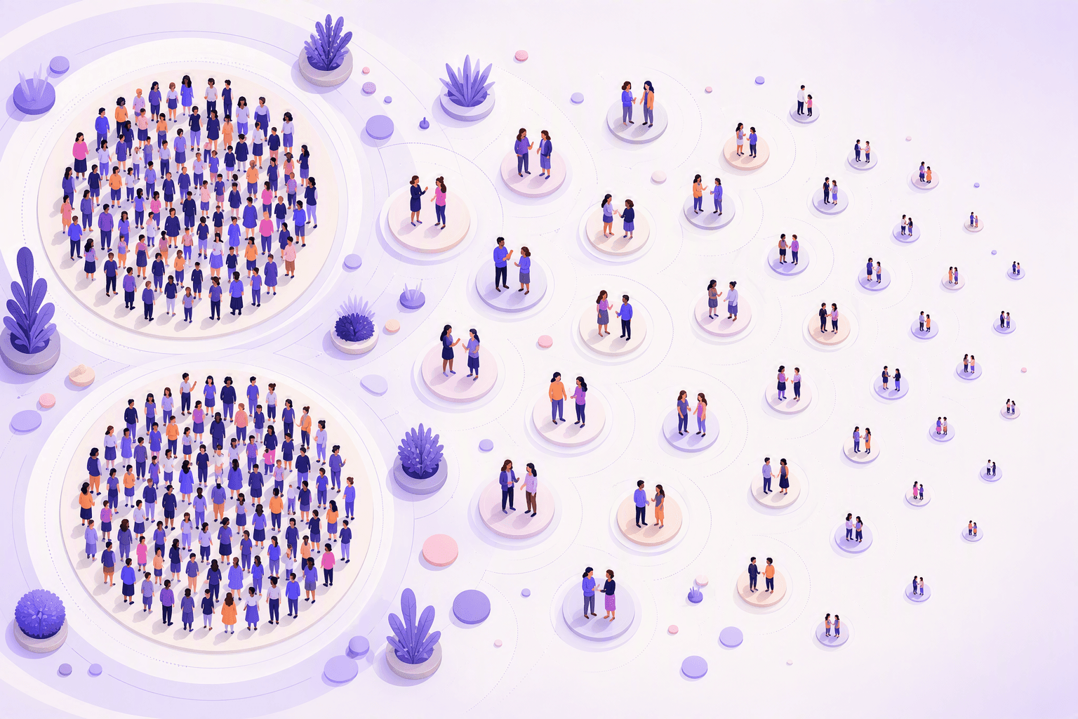 Bird's eye view of two huge crowded circles beside dozens of tiny circles holding only two or three people each, showing how unevenly speakers are spread across the world's languages