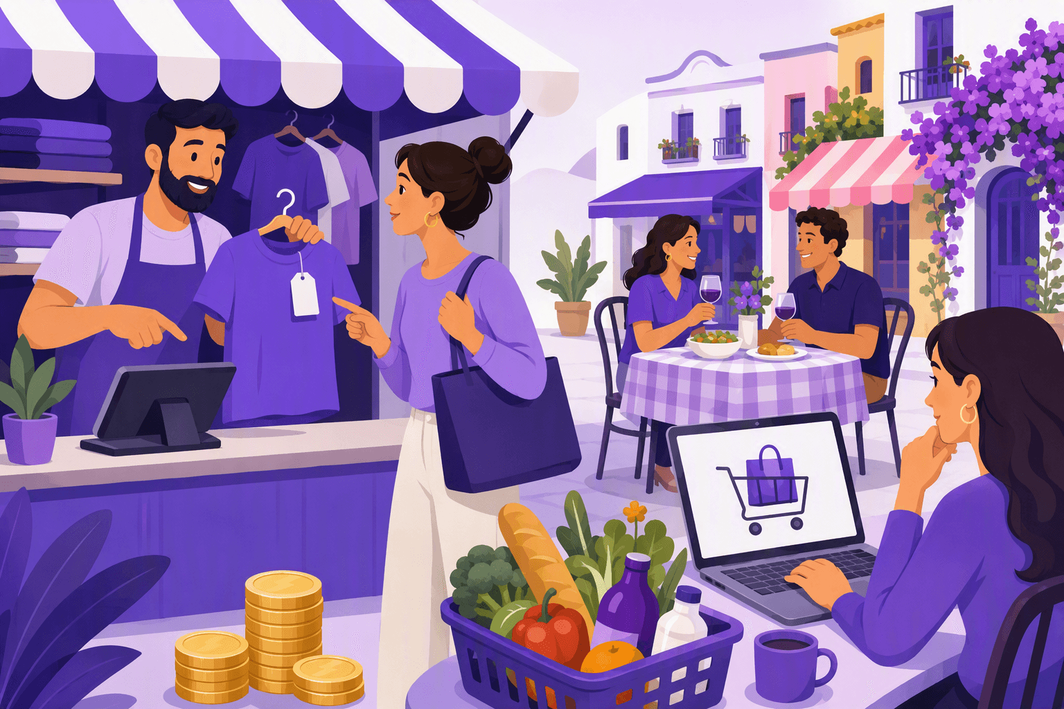 Flat-vector illustration of a shopper asking about prices across a market stall, checkout, restaurant, and online shopping scene, with euro coins and a laptop shopping cart.