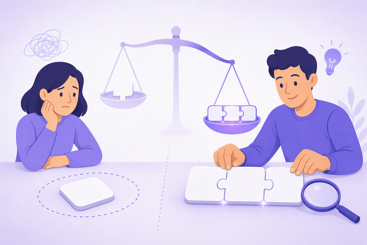 Dois aprendizes na mesma mesa comparados lado a lado: à esquerda um aprendiz desanimado a olhar para uma única peça em branco isolada dentro de um círculo pontilhado, à direita um aprendiz satisfeito a deslizar três peças de puzzle em branco juntas numa única tira ligada com pequenos brilhos nas junções e uma lupa por perto, enquanto uma balança atrás deles pende para o lado da tira ligada