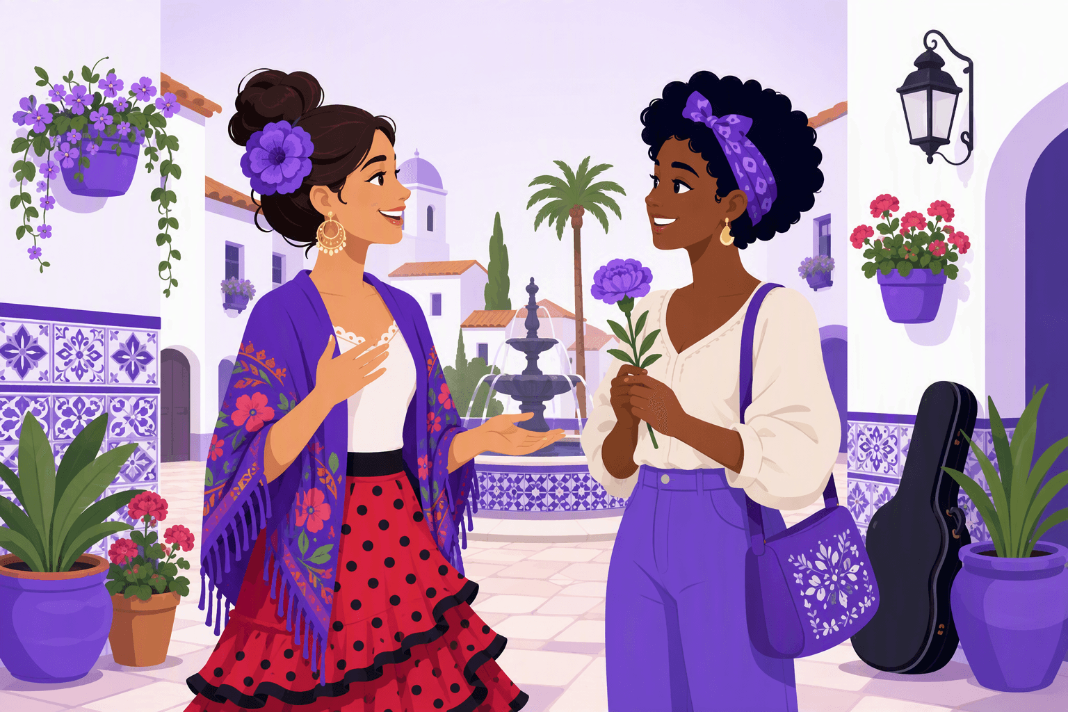 Two diverse friends exchange warm gestures in a sunny Spanish plaza, with colorful clothing, a flower, tiled patterns, potted plants, and a guitar case suggesting friendly compliments and Spanish culture.