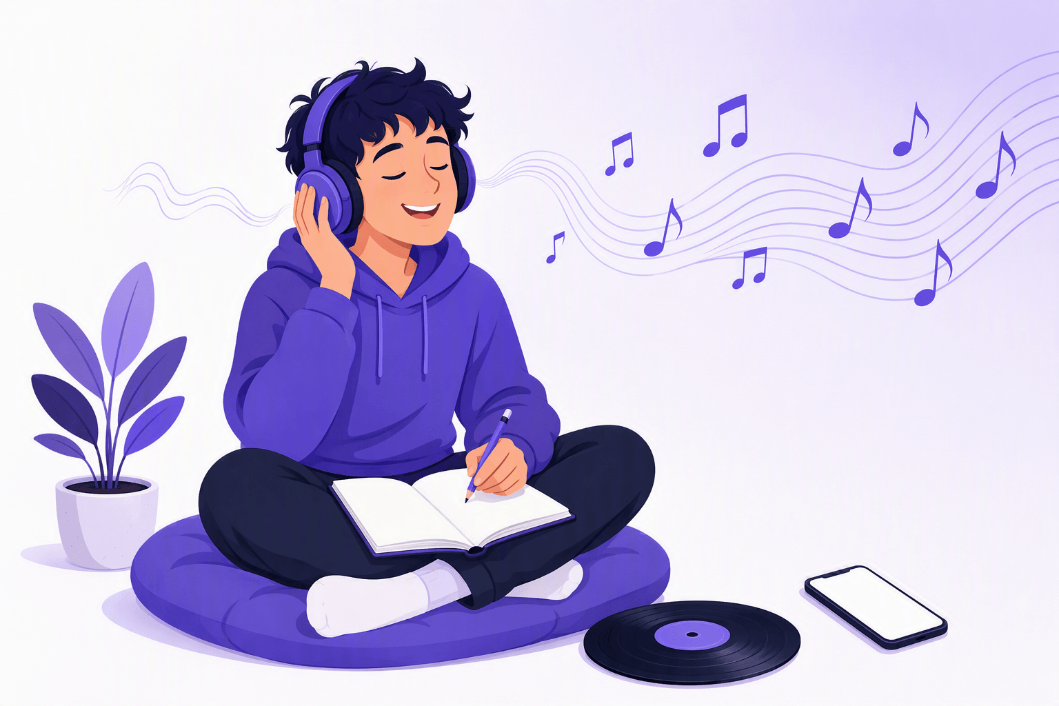 A learner in headphones listens to music with an open notebook, musical notes flowing from the headphones