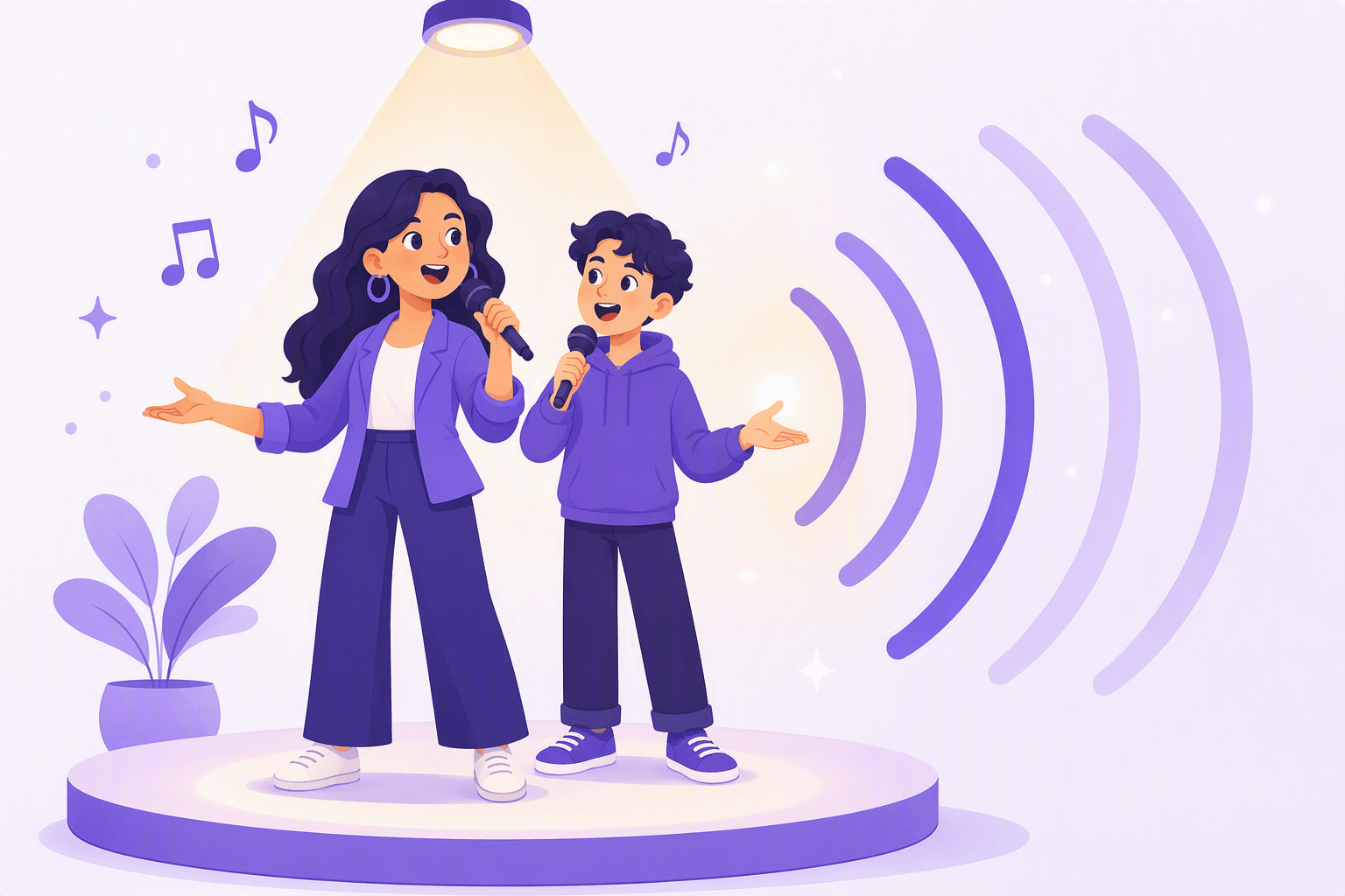 A learner with a microphone stands slightly behind a singer, mirroring the same rhythm while sound waves ripple outward