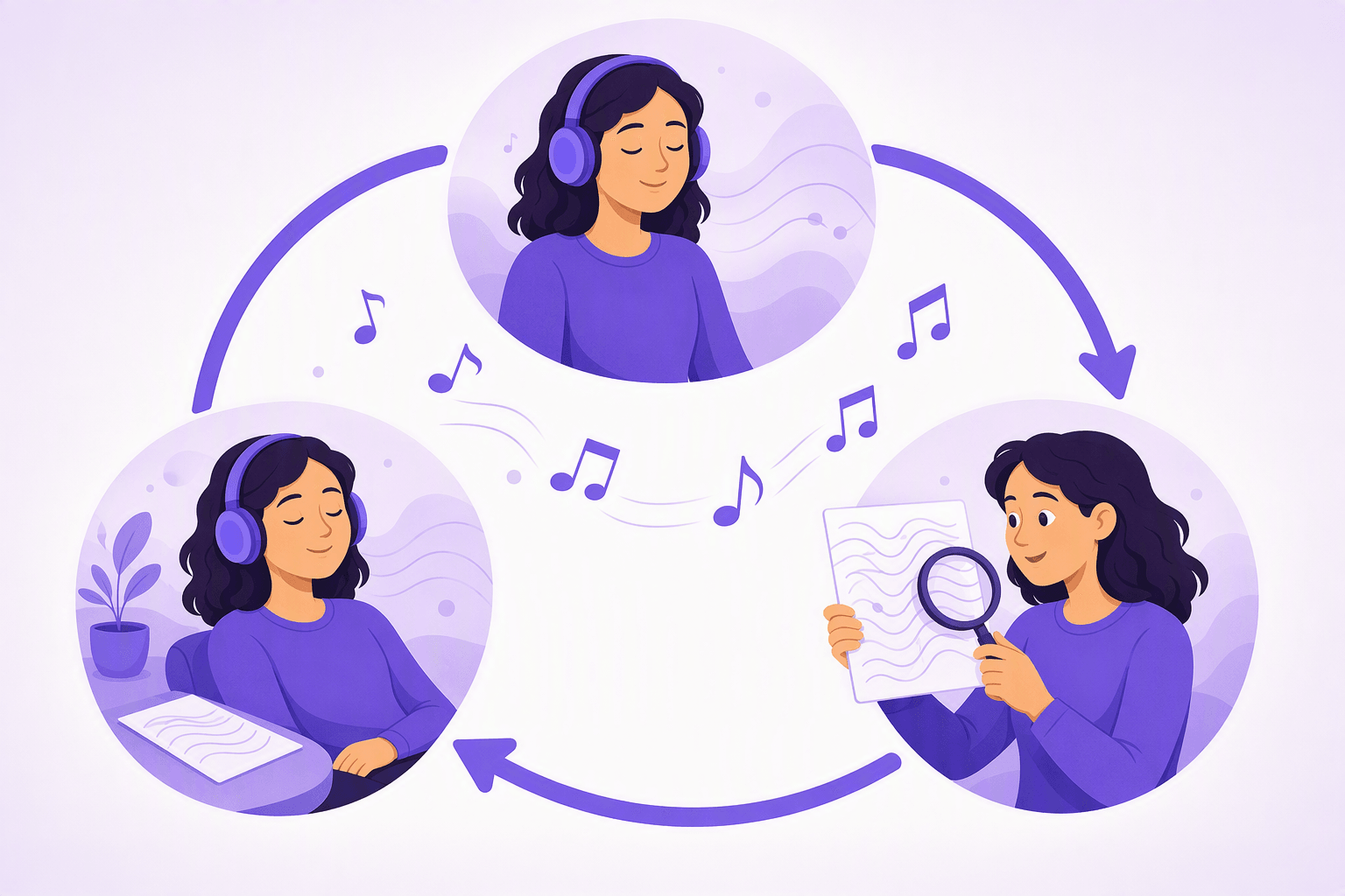 Three listening stages in a loop: headphones only, checking the lyric sheet, then headphones again with the sheet face down