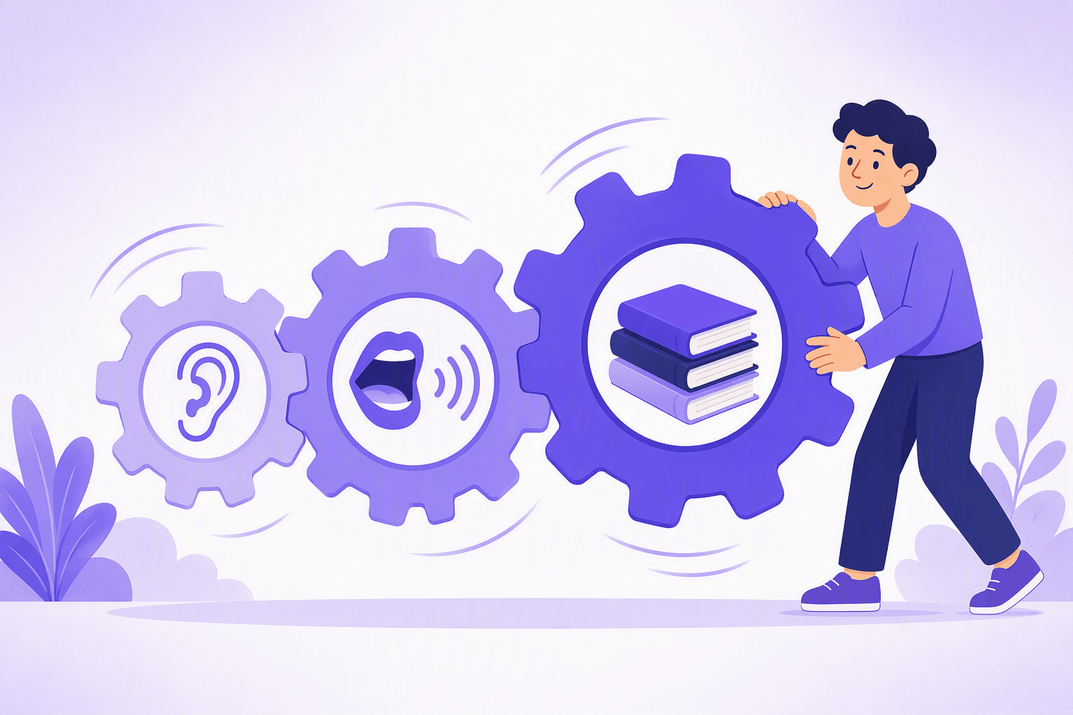 ثلاثة تروس متشابكة يديرها متعلّم، كل ترس يحمل أيقونة: أذن للاستماع، فم يتكلم بموجات صوتية، وكومة كتب للمفردات