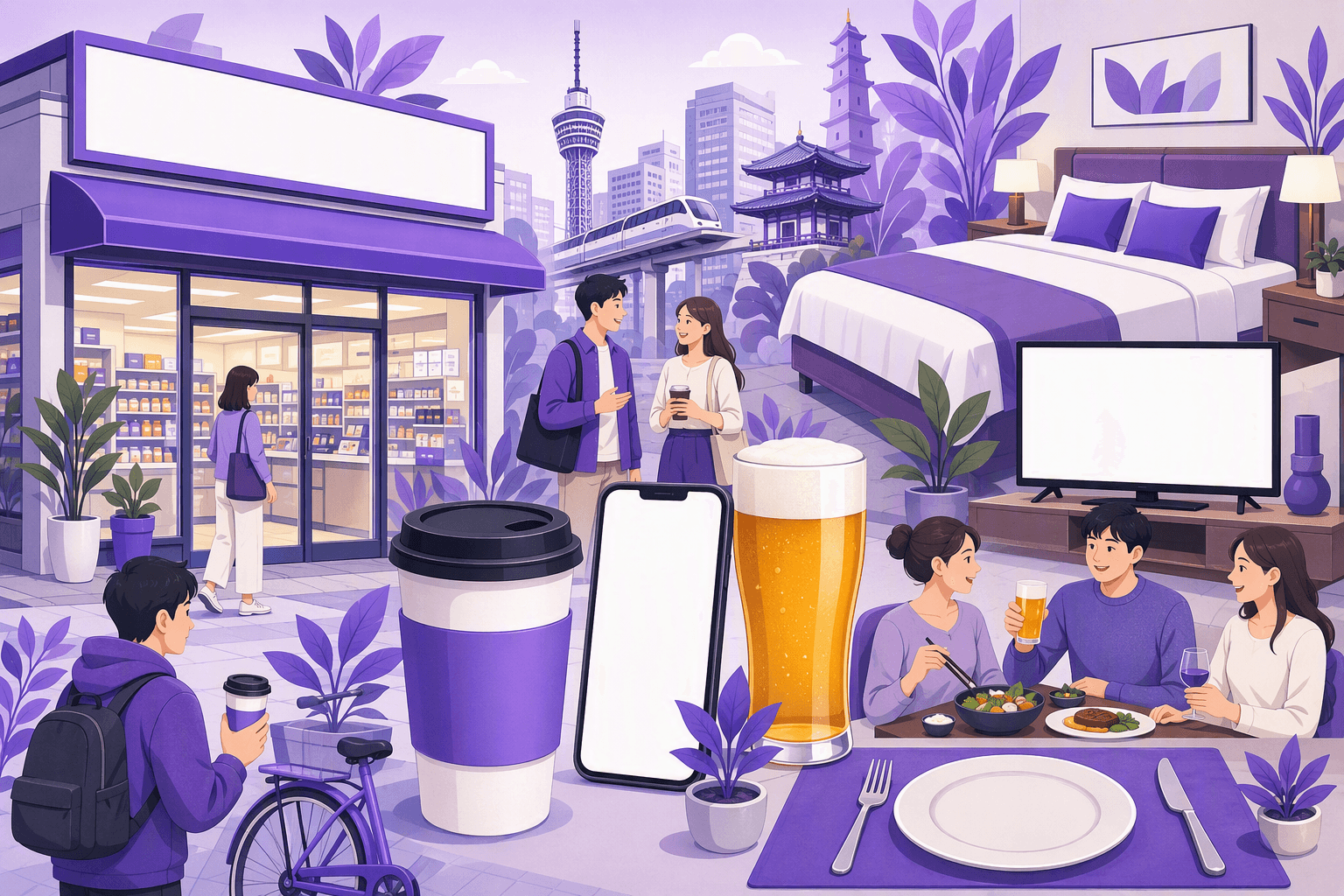 Convenience store front with a blank sign, a takeaway coffee cup, a smartphone, a glass of beer, a hotel bed, a television and friends eating at a restaurant table, set against a Japanese city skyline, showing the everyday places where katakana loanwords appear