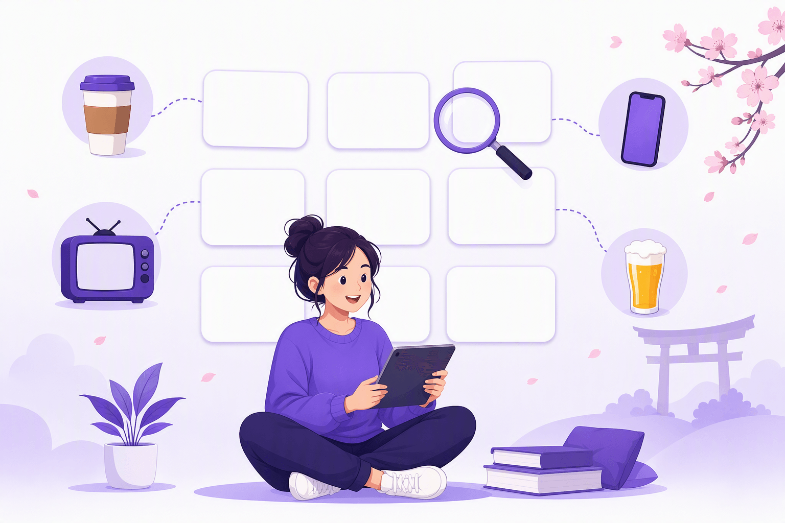 Learner sitting with a tablet surrounded by a grid of blank study cards linked by dotted lines to a coffee cup, a television, a smartphone and a beer glass, with a torii gate and cherry blossoms in the background, illustrating how katakana connects to everyday loanwords