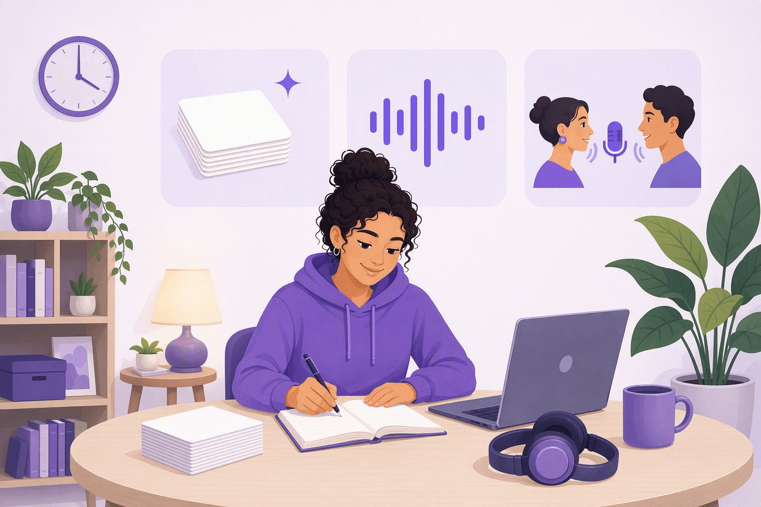 Learner studying at a desk with a wall clock, flashcards, sound waves, a microphone and two facing profiles behind them, representing the three daily blocks of a Spanish routine: vocabulary review, listening, and speaking