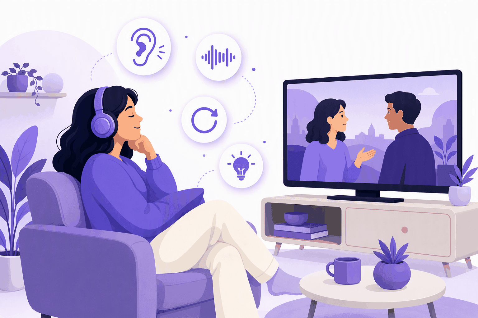 Relaxed learner wearing headphones watching two characters talk on a TV screen, surrounded by ear, sound-wave, replay, and lightbulb icon badges, showing how active listening to replayable scenes builds comprehension