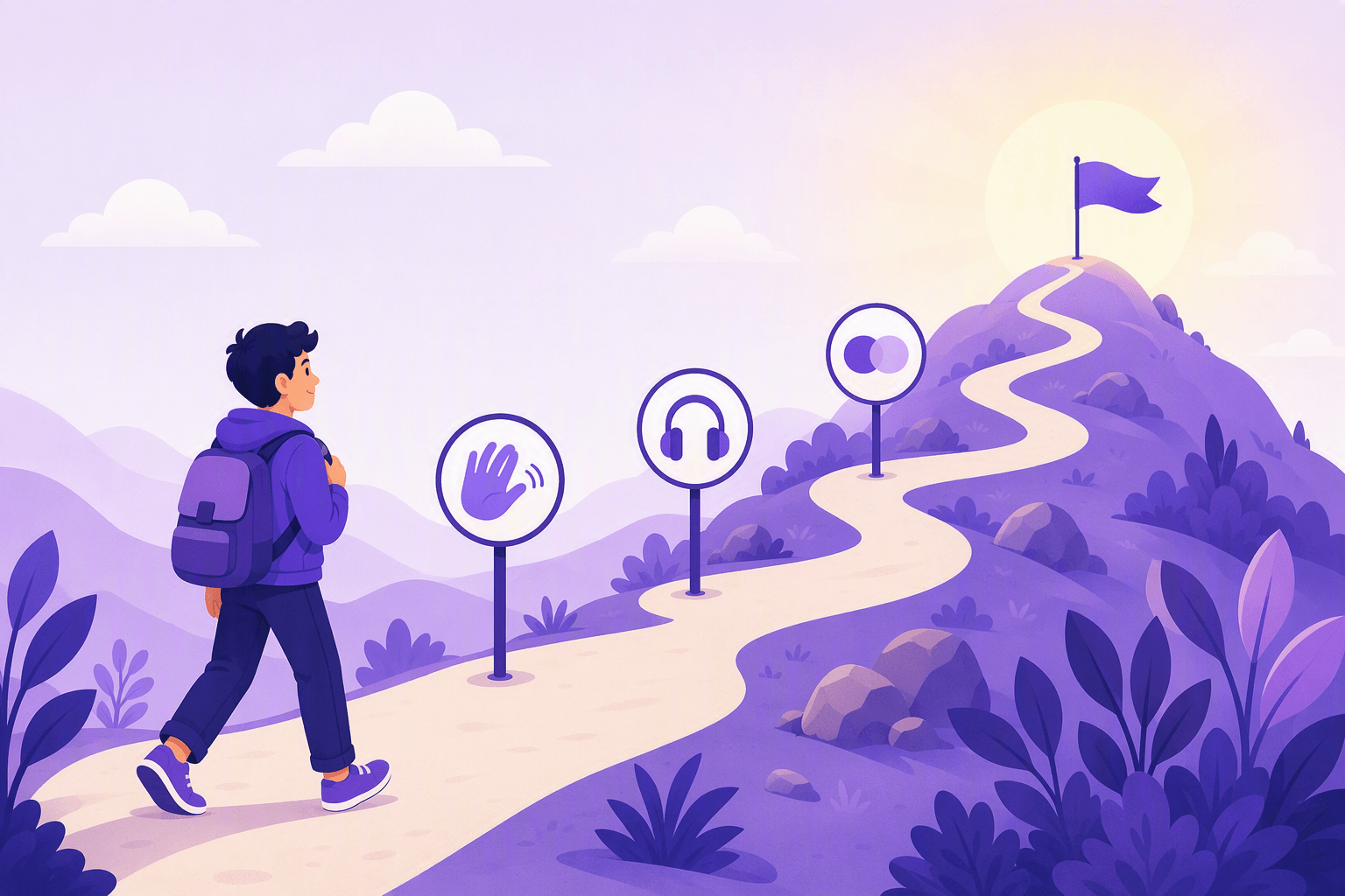 Learner with a backpack walking a winding hillside path past round milestone signs showing a waving hand, headphones and conversation icons, toward a flag on a sunlit hilltop, illustrating the staged journey from first greetings to real Spanish conversations