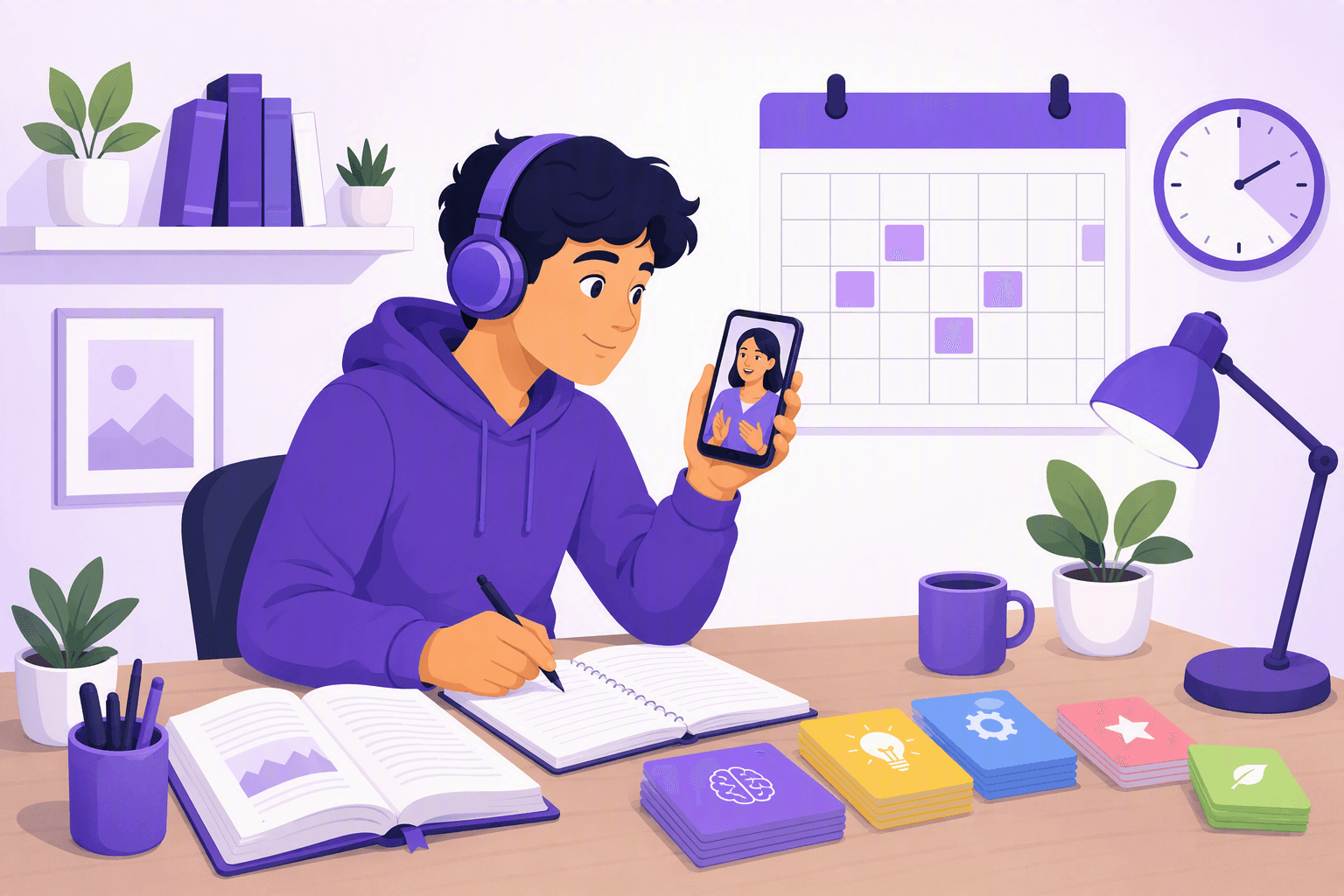 Flat-vector illustration of a learner practicing a language through listening, reading, speaking, writing, and vocabulary review during short recurring study sessions.