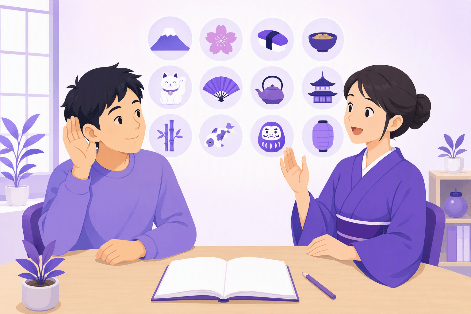 A Japanese teacher gestures while repeating a phrase to a learner who cups one ear in a bright classroom with an open blank notebook, pencil, and twelve decorative practice icons.