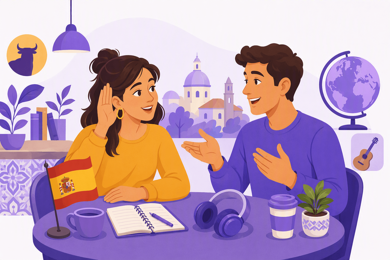 Flat-vector scene of two people practicing Spanish at a café table, with one asking the other to repeat, alongside a Spanish flag, headphones, notebook, and language-learning symbols.