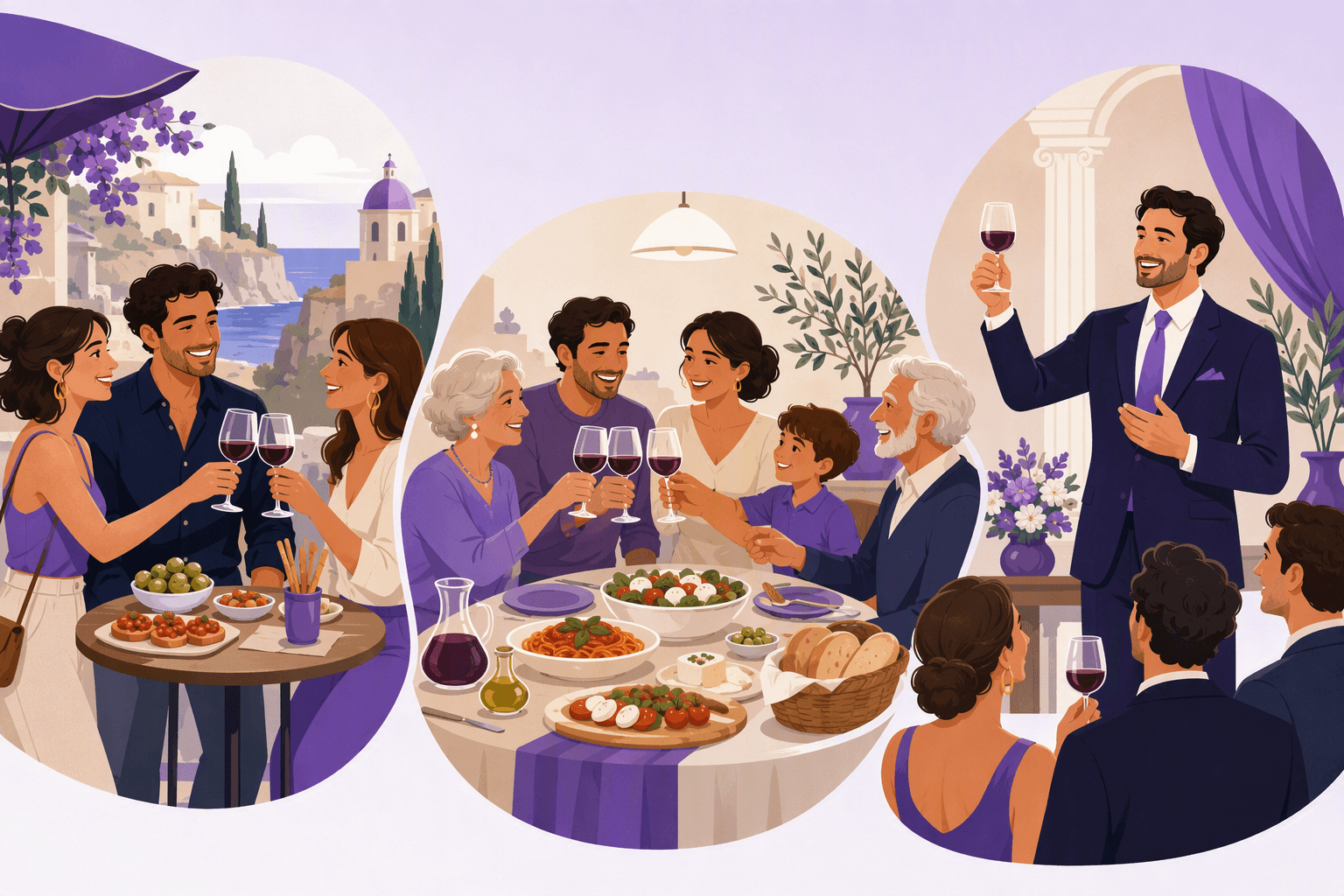 Flat-vector scene showing friends at an aperitivo, a family meal, and a formal gathering where people raise and clink glasses in Italian toasts.