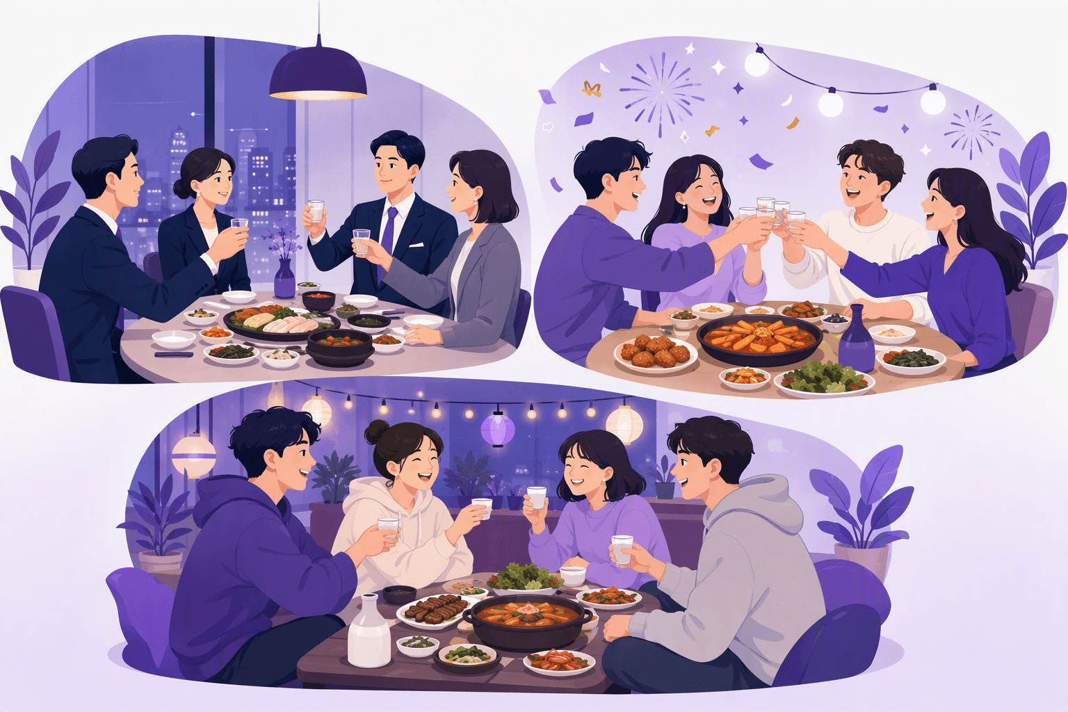 Flat-vector scene depicting Korean diners demonstrating formal, celebratory, and casual toasting situations with raised and clinking glasses around a table of Korean food.