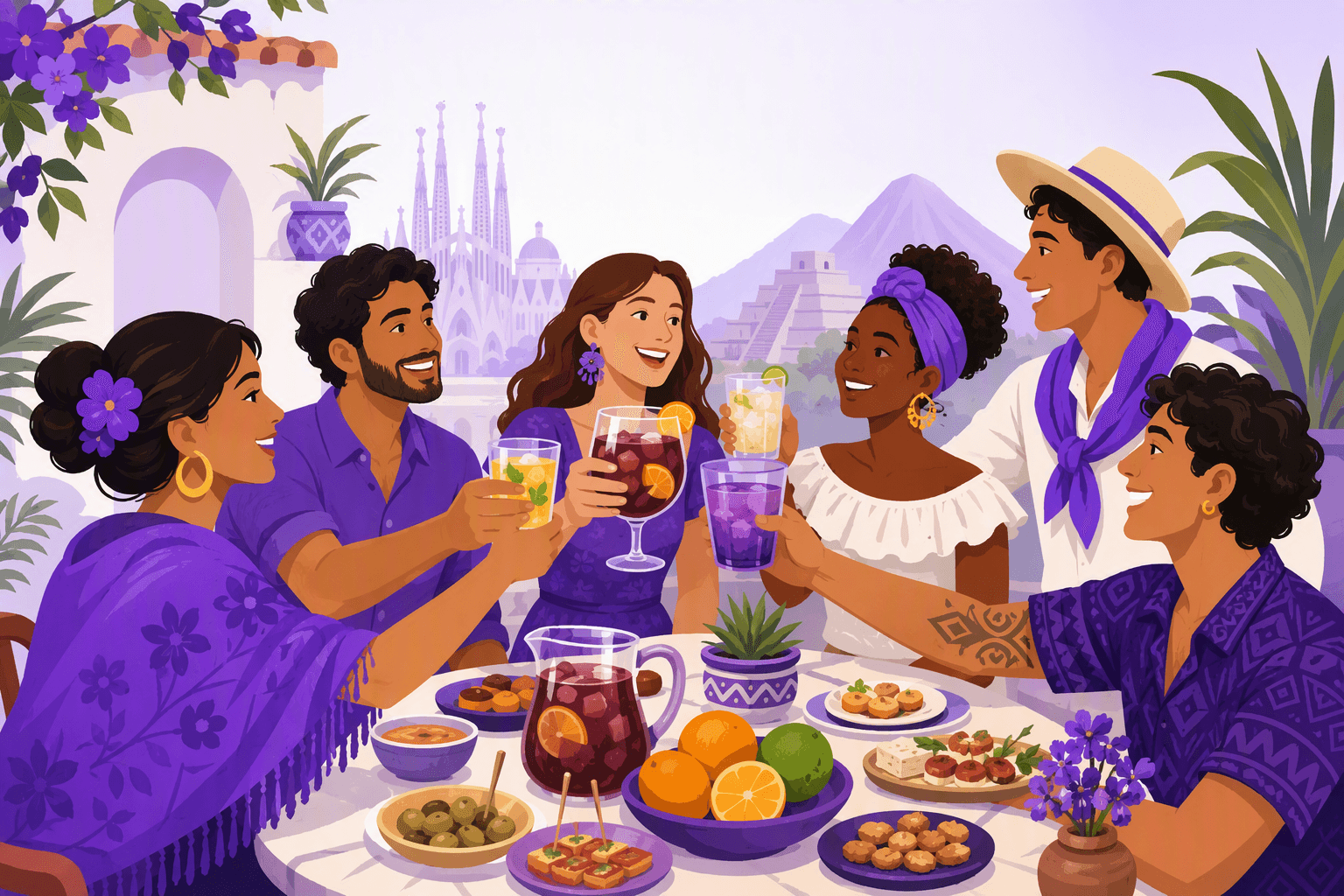 Diverse friends raise glasses together at a festive table with tapas and citrus, representing Spanish-language toasts and celebration in Spain and Latin America.