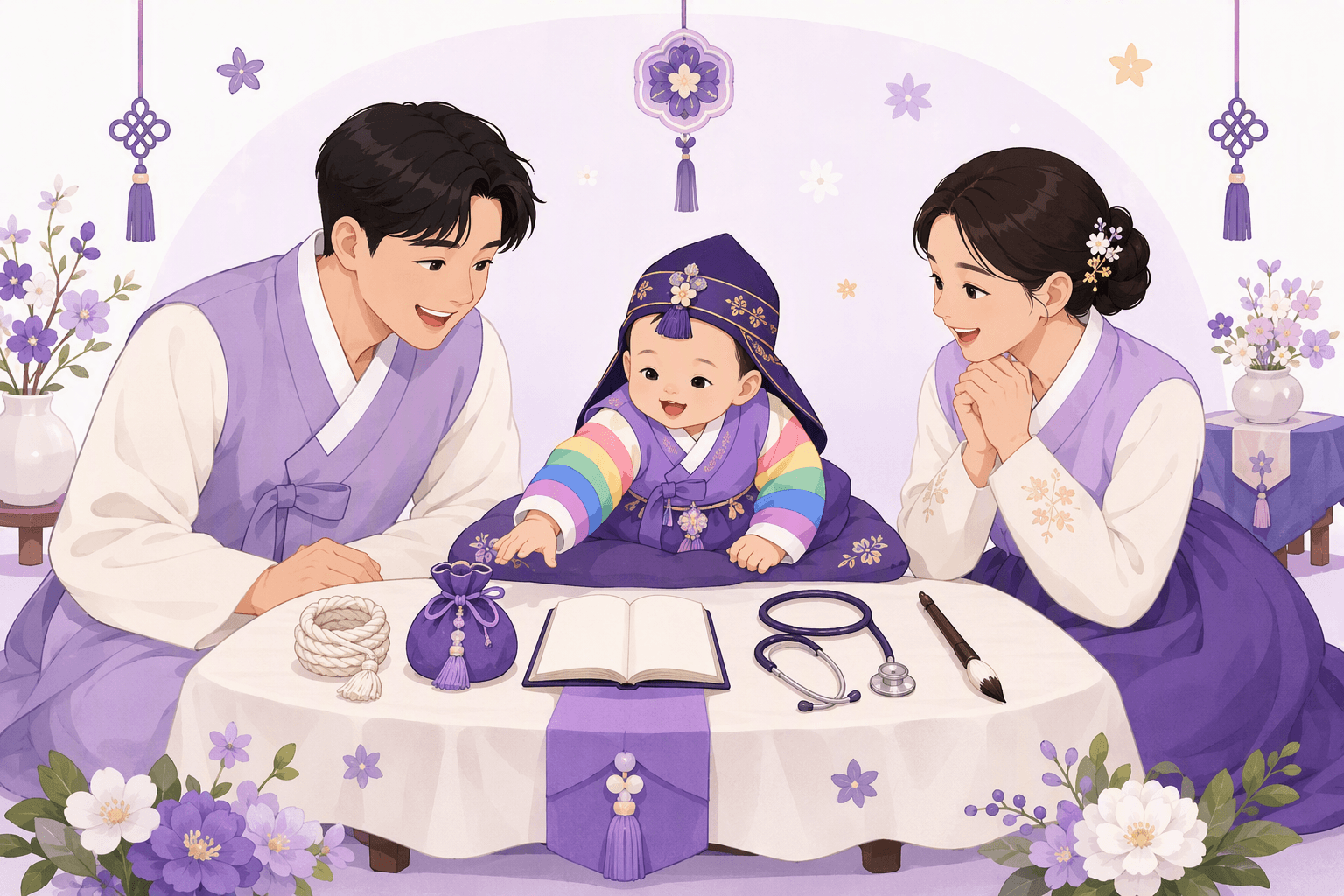 Baby in a traditional hanbok reaching toward the doljabi objects on a first-birthday table while both parents watch