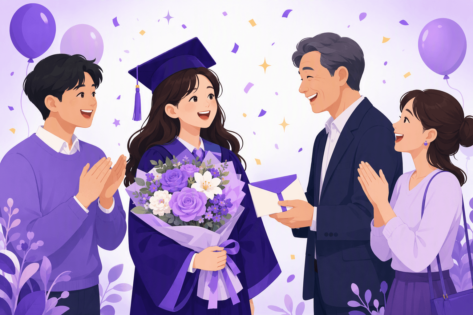 Friends and family congratulating a Korean graduate holding a flower bouquet while an elder hands over a white gift envelope