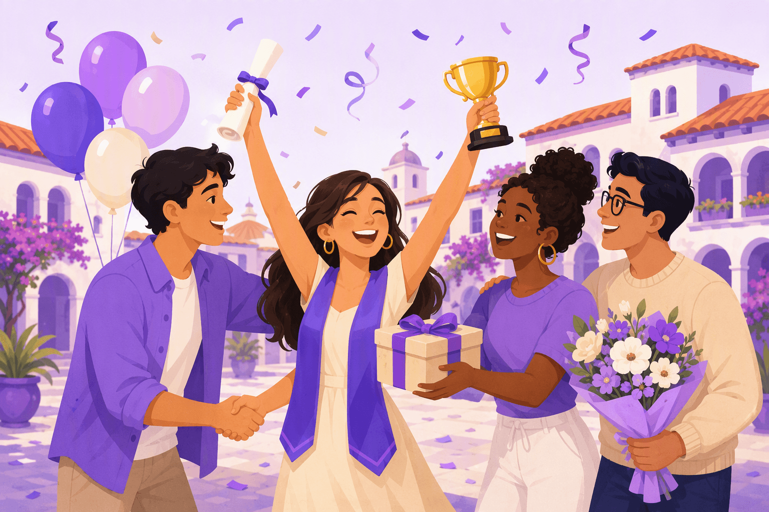 Bạn bè ăn mừng một người tốt nghiệp trong một quảng trường Tây Ban Nha với confetti, một chiếc cúp, hoa và một món quà