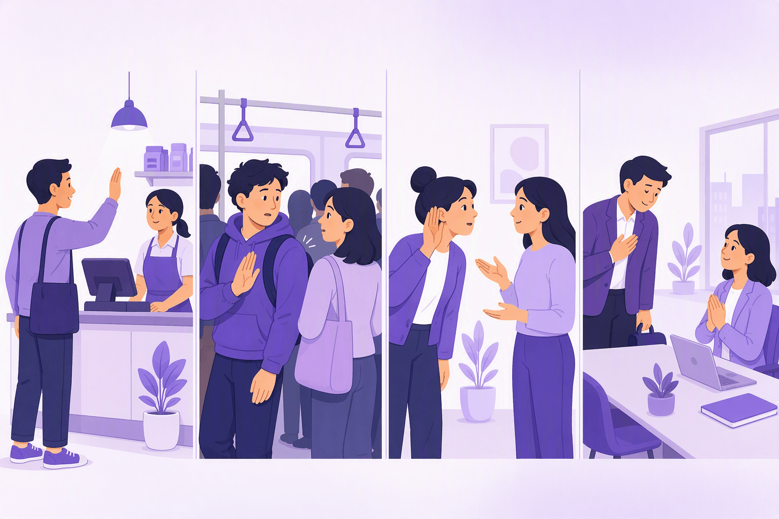 Four everyday scenes side by side: getting a shop assistant's attention, brushing past someone on a crowded metro, cupping an ear to ask for a repeat, and arriving late to a meeting with an apologetic posture