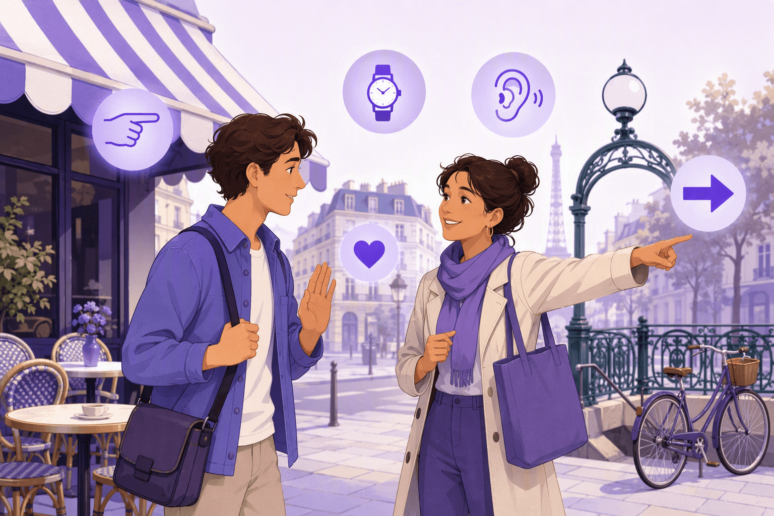 A traveller raises a hand in a polite apologetic gesture on a Paris street while a passer-by smiles and points the way, next to a cafe terrace and a metro entrance