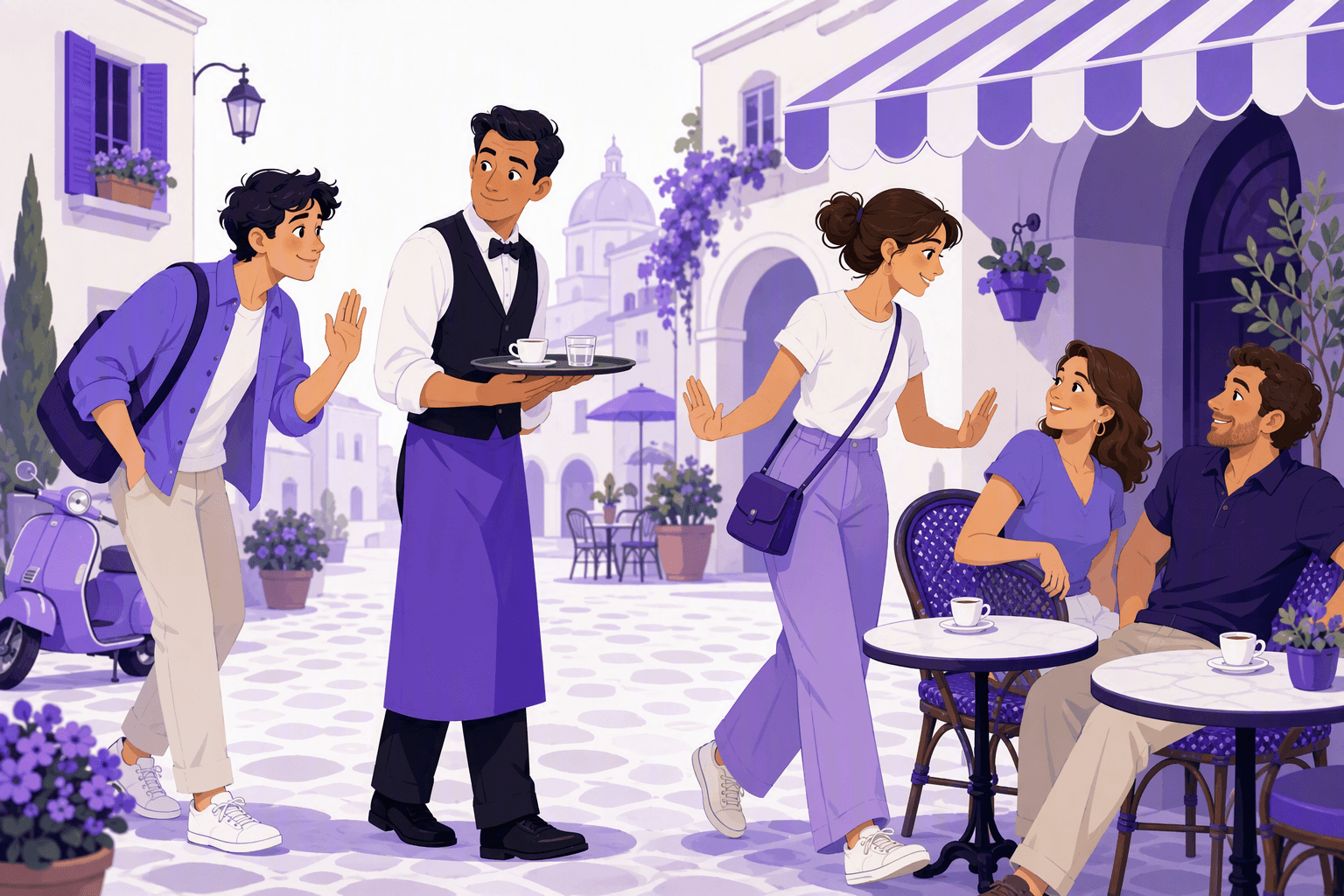 Illustration of an Italian cafe terrace: one person politely raising a hand to get a waiter's attention while another slips past seated guests