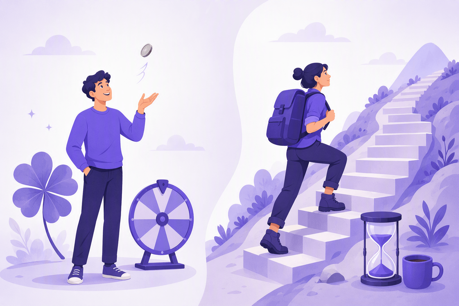 Split illustration contrasting luck and effort: on one side a person tossing a coin next to a four-leaf clover, on the other a person with a backpack climbing a steep flight of stairs
