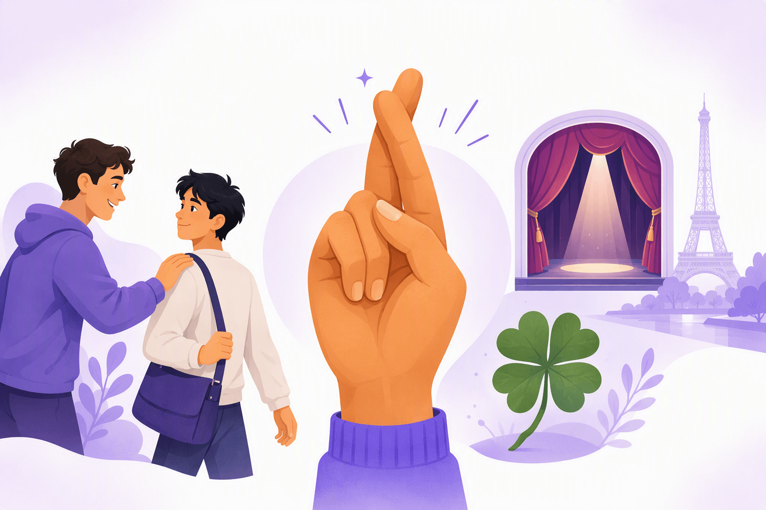 A hand with crossed fingers beside a friend encouraging someone before a big moment, a lit theatre stage and a four-leaf clover, with the Eiffel Tower in the background