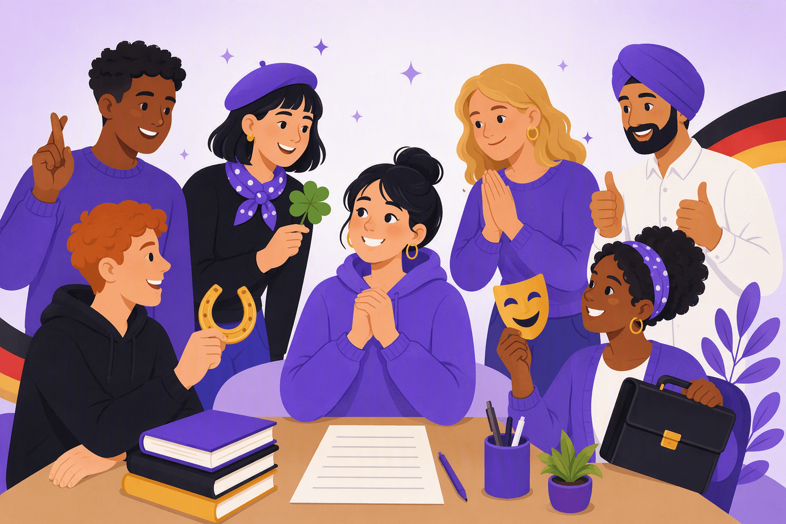 Flat-vector illustration of a smiling learner surrounded by people making good-luck gestures, a four-leaf clover, a horseshoe, a blank exam sheet, a theater mask, and a briefcase with subtle black-red-gold accents.