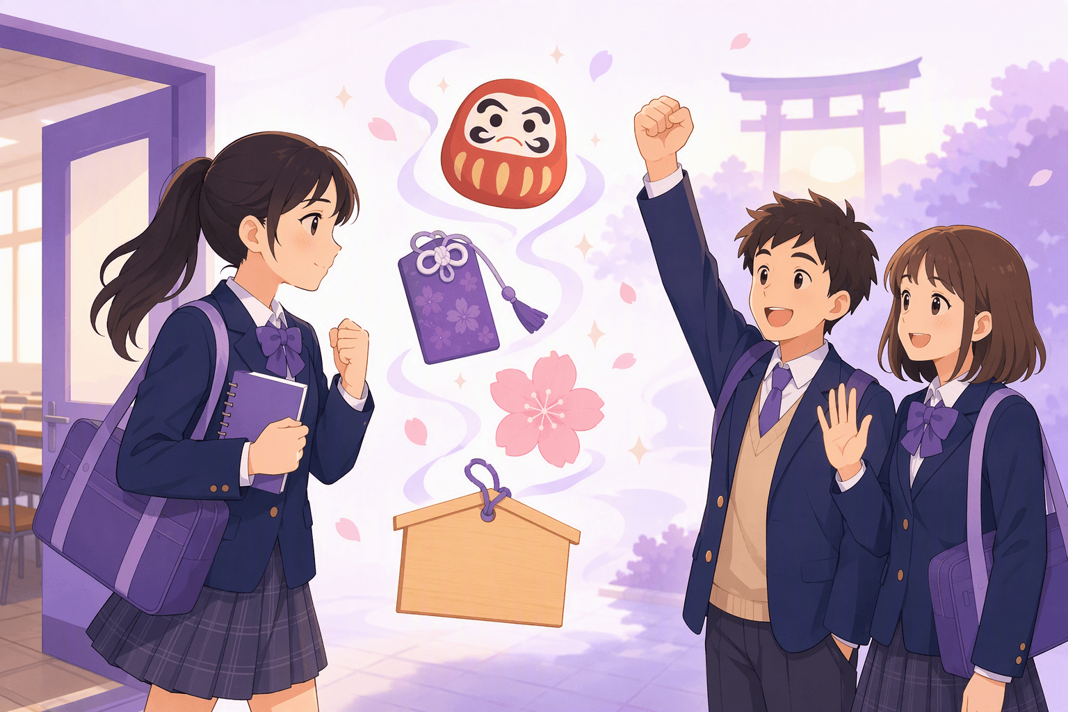 Japanese students cheering on a classmate before an exam, with a daruma doll, an omamori charm and a cherry blossom floating between them