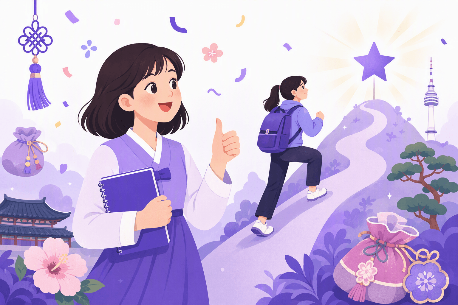 Flat-vector scene of a cheerful learner giving a thumbs-up and encouraging a friend with a backpack as the friend climbs a small hill toward a bright star, surrounded by confetti and lucky charms.