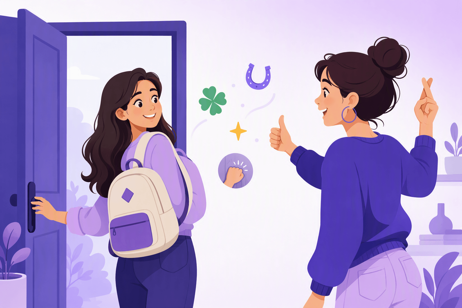 A friend waving someone off at the door with crossed fingers and a thumbs up, surrounded by luck symbols like a clover and a horseshoe
