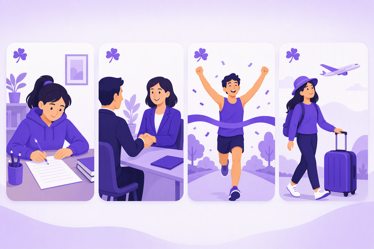 Four panels showing a student taking an exam, a handshake at a job interview, a runner crossing a finish line, and a traveller with a suitcase