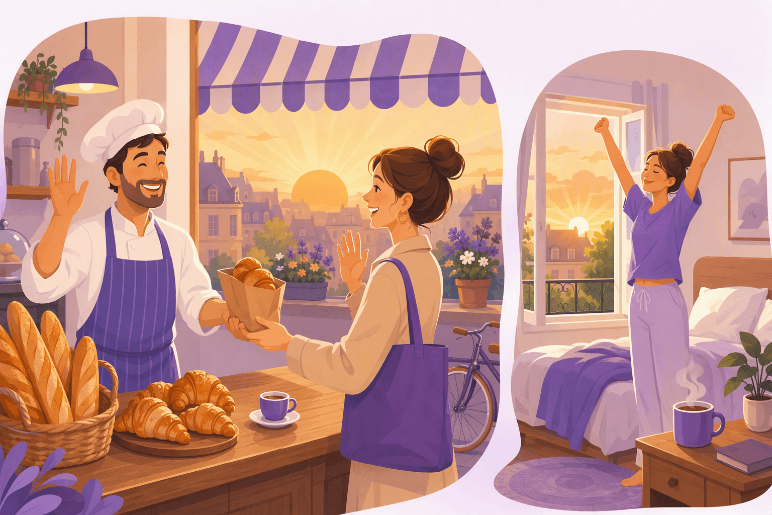 A French bakery at sunrise where a baker and a customer greet each other over croissants and espresso, next to a person stretching awake by a sunlit window