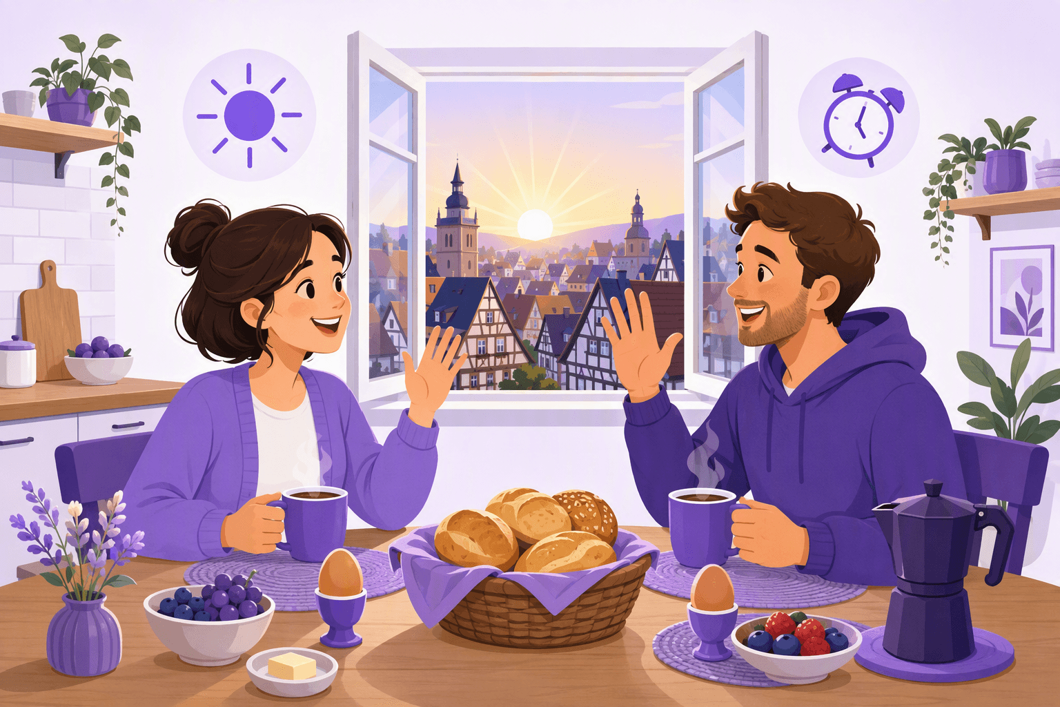Two people greeting each other over a German breakfast table with bread rolls, boiled eggs and coffee, with a half-timbered old town at sunrise outside the window