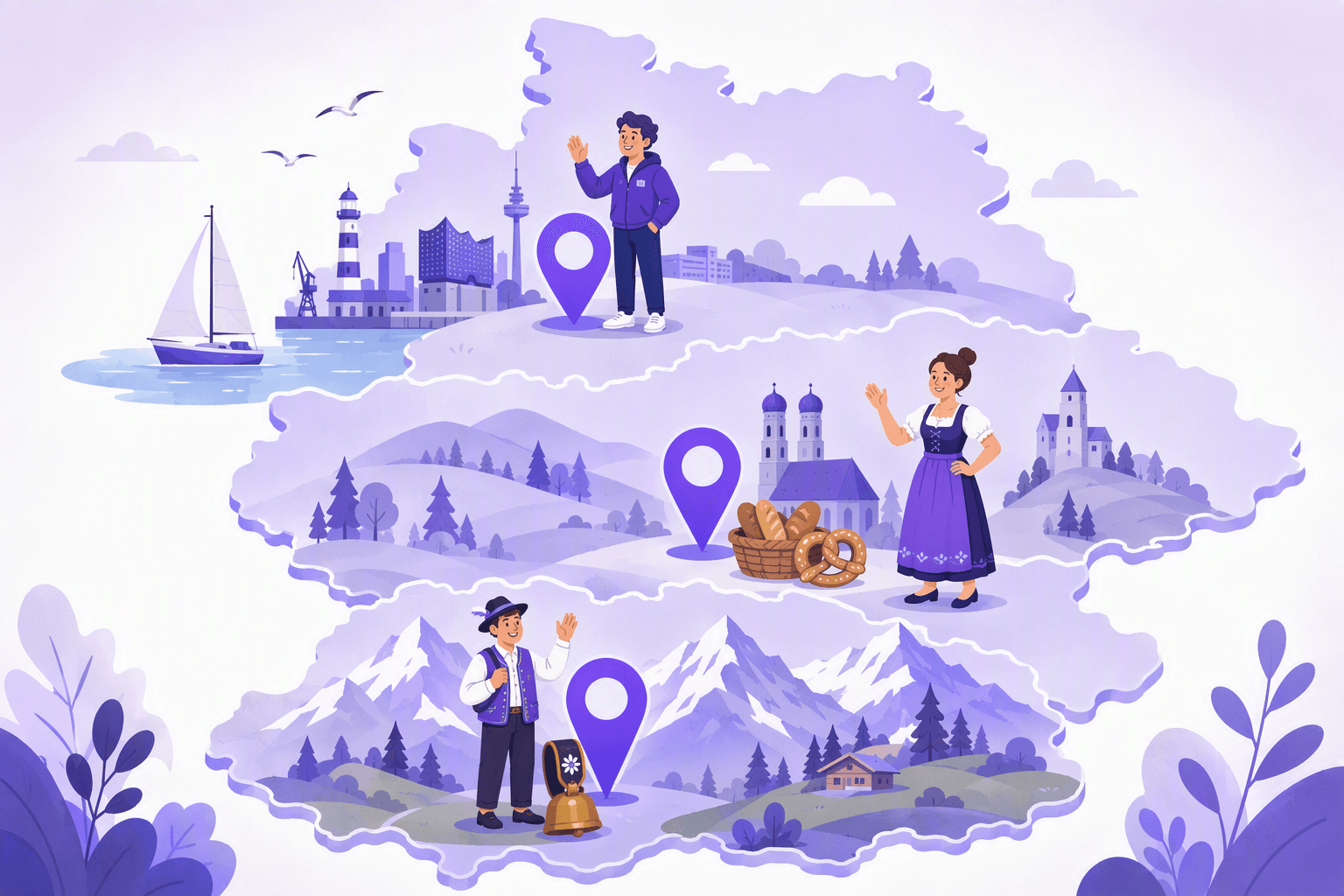 Stylized map of German-speaking Central Europe with location pins for the northern coast, the Bavarian south and the Swiss Alps, each with a waving character