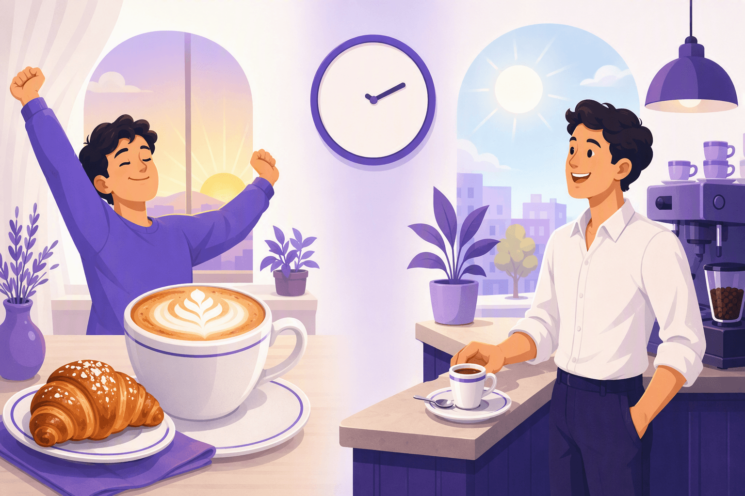 Split illustration contrasting the two halves of the Italian coffee day: a cappuccino with a cornetto beside someone stretching at sunrise, and a small espresso at the bar counter under a high midday sun