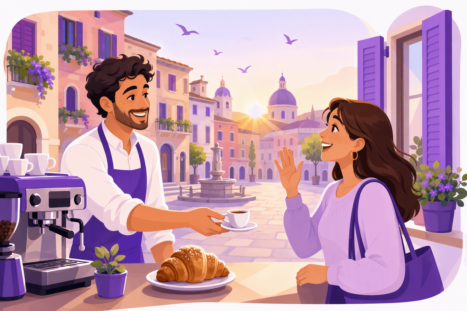 A barista handing an espresso across the counter of an Italian bar at sunrise while a smiling customer waves back, with a cornetto on a plate and a piazza fountain in the background