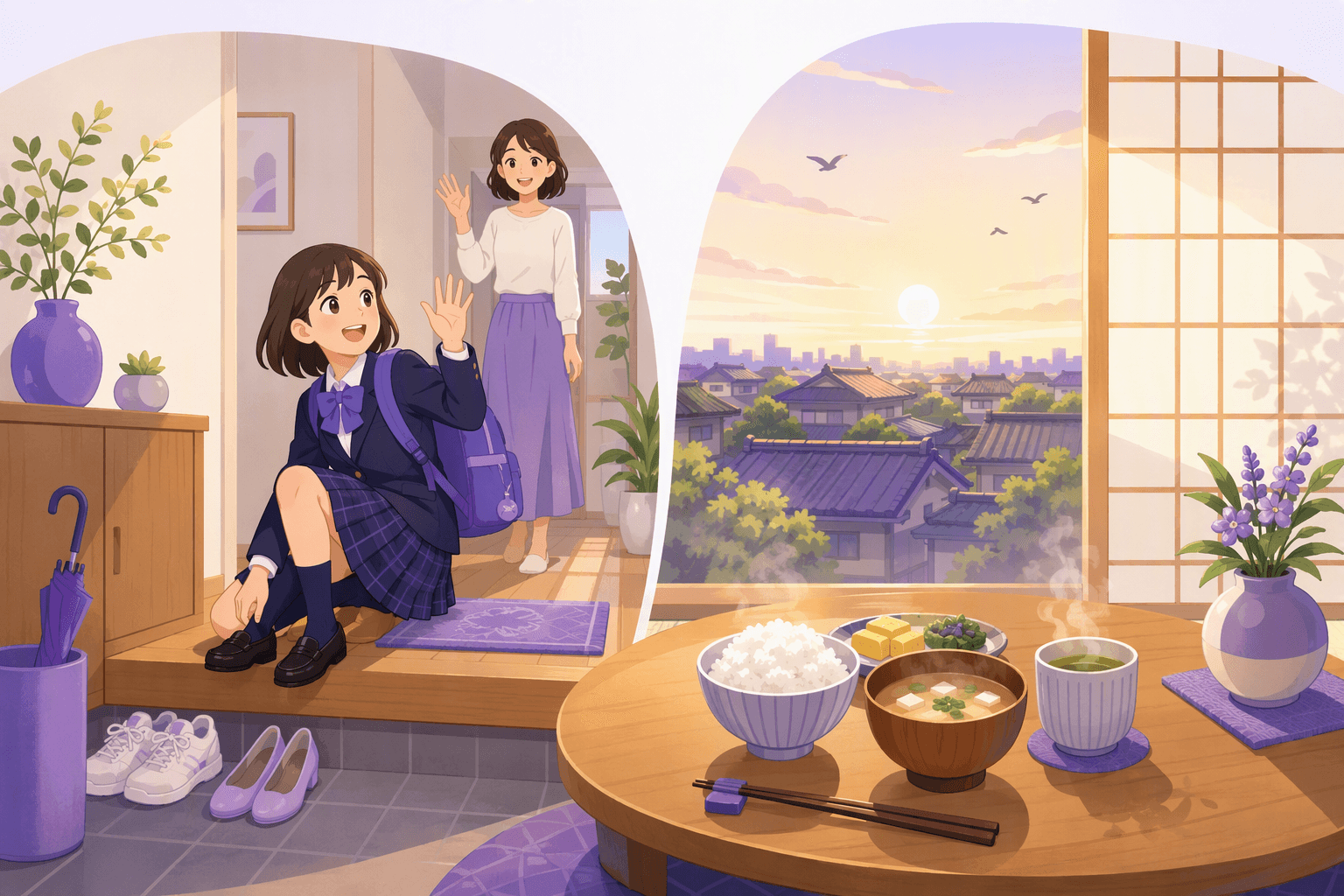 A Japanese morning at home: a student waves goodbye at the genkan entryway while a parent waves back, next to a breakfast of rice, miso soup and green tea in the sunrise light