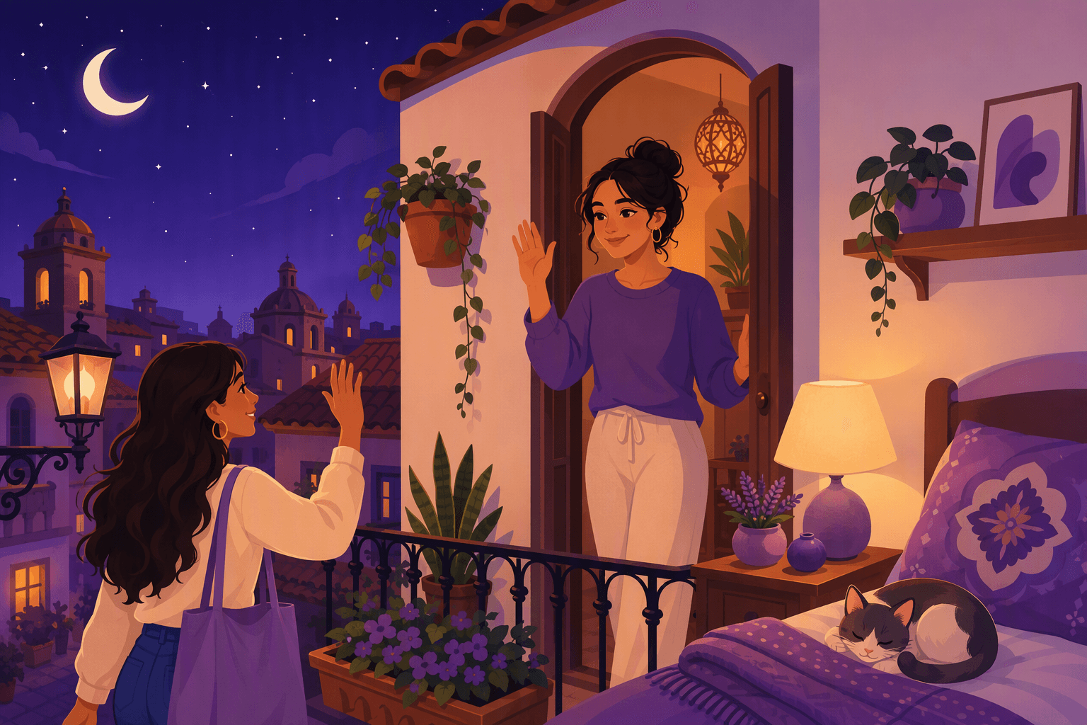 Evening scene in a Spanish-speaking city: a woman waving good night from a doorway while a friend waves back, a moonlit balcony over terracotta rooftops, and a cozy bedside lamp with a sleeping cat
