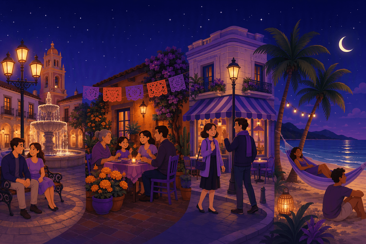 Night scenes across the Spanish-speaking world: a lamplit plaza with a stone fountain, a family gathered under papel picado bunting, a couple saying goodbye outside a cafƩ, and a moonlit Caribbean beach with a hammock