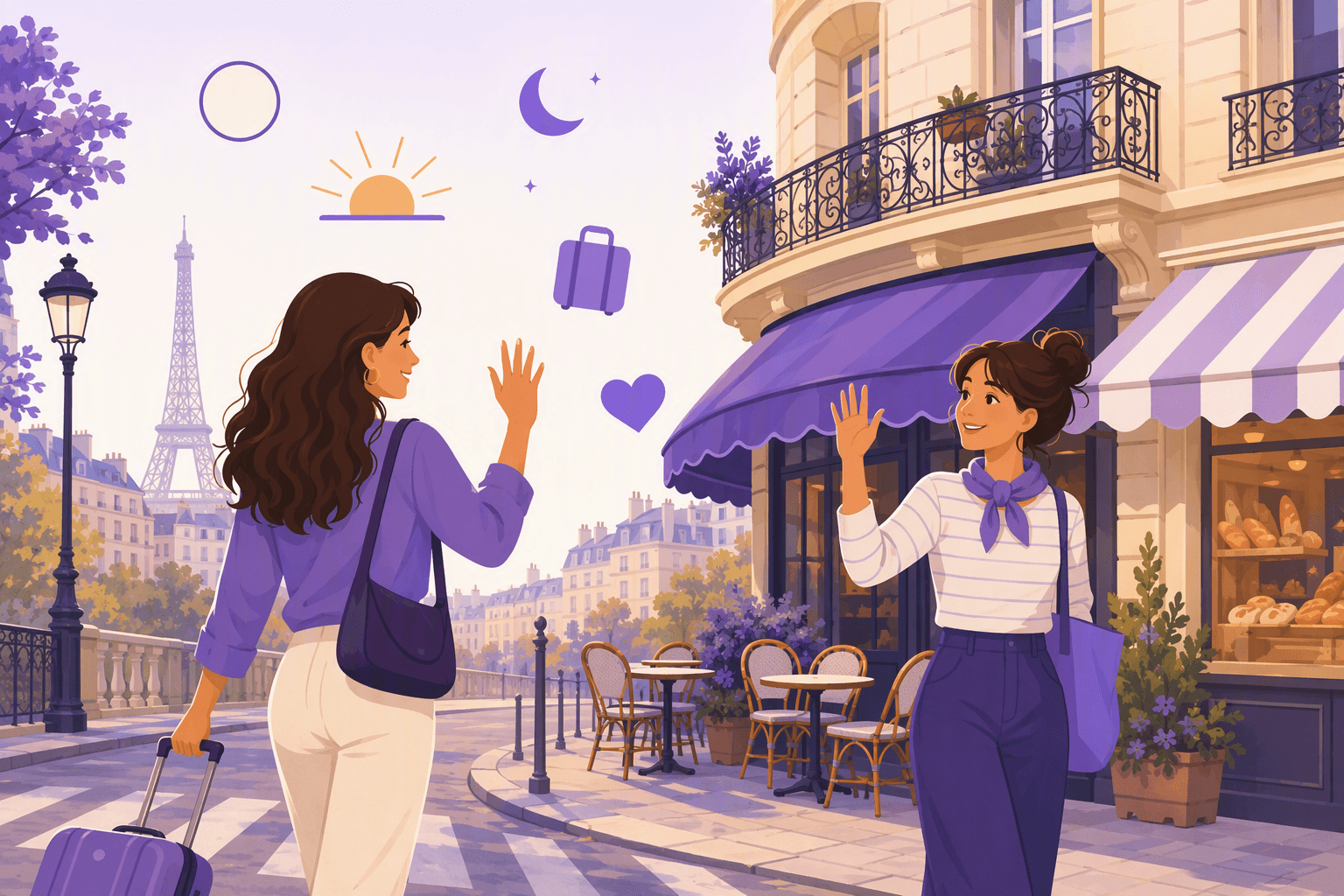 Two friends waving goodbye to each other on a Parisian street corner outside a cafe and bakery