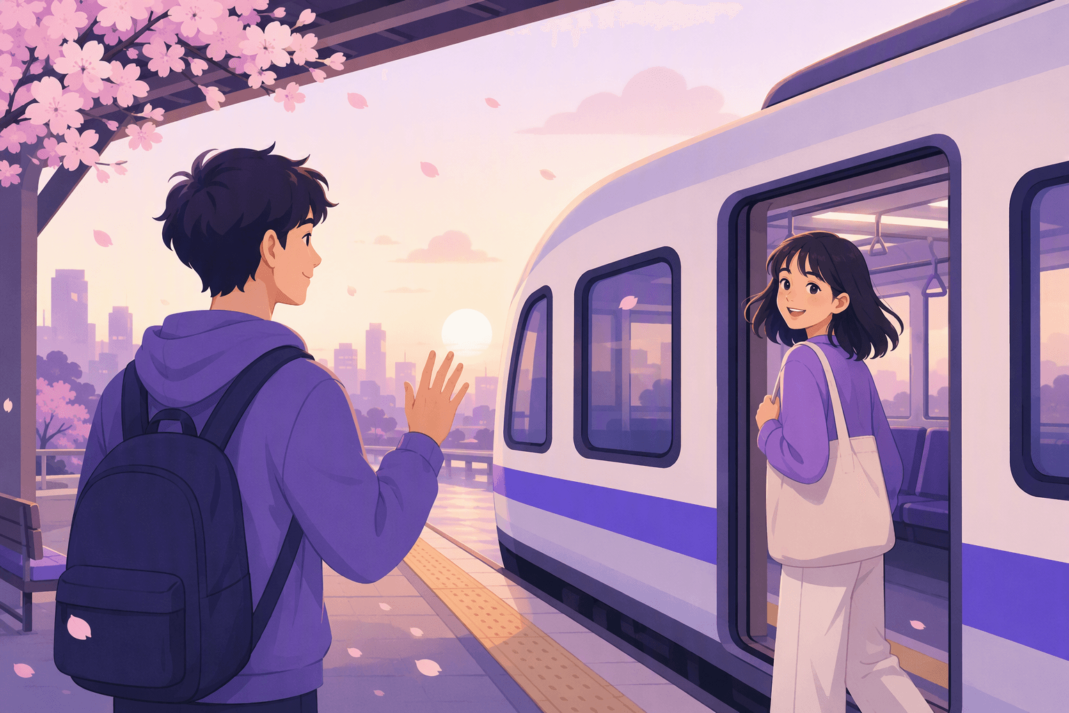 Two friends waving goodbye on a Japanese train station platform at sunset as one boards a commuter train