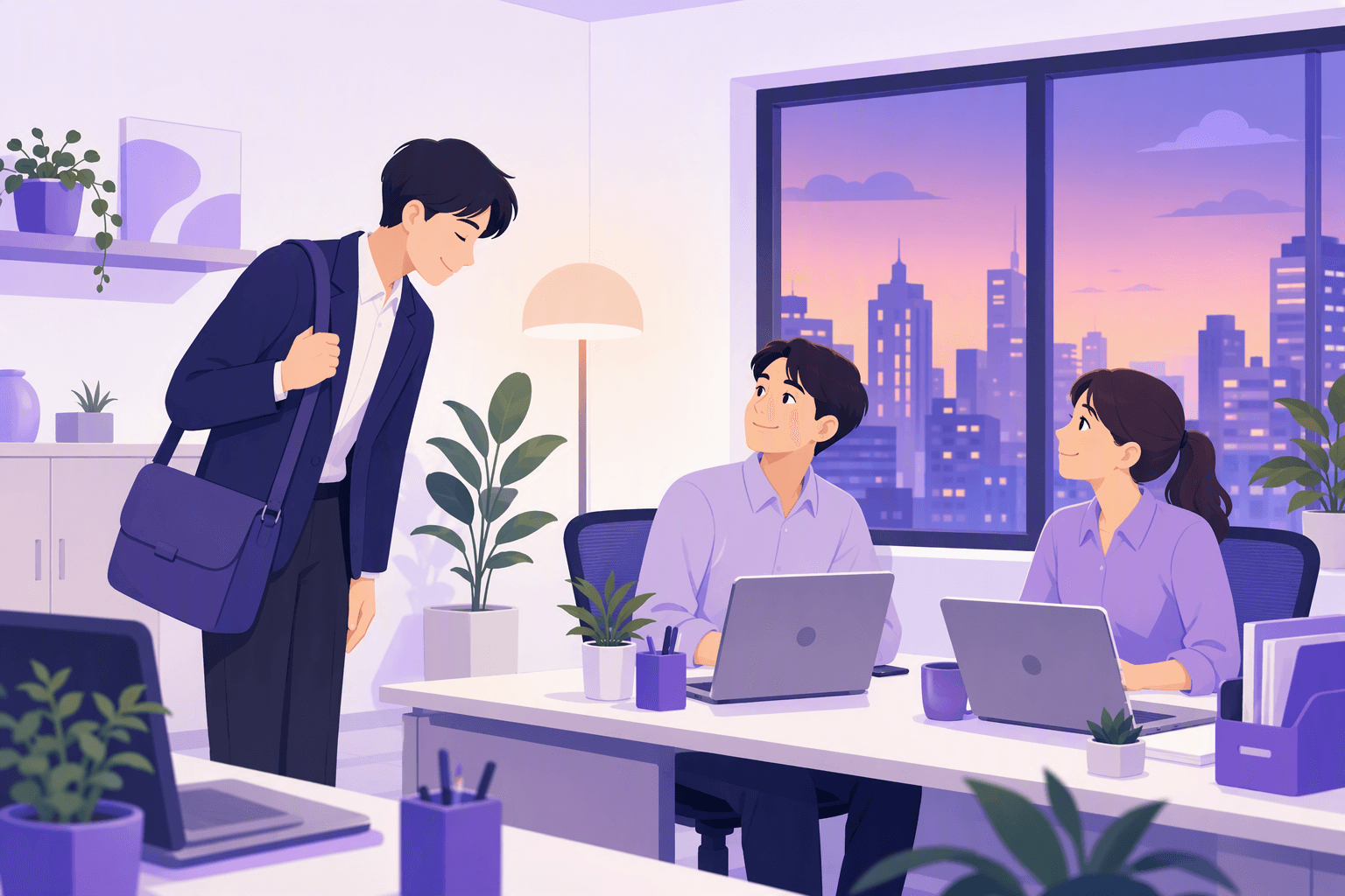 Office worker with a shoulder bag bowing slightly to two seated colleagues while leaving a Japanese office at dusk