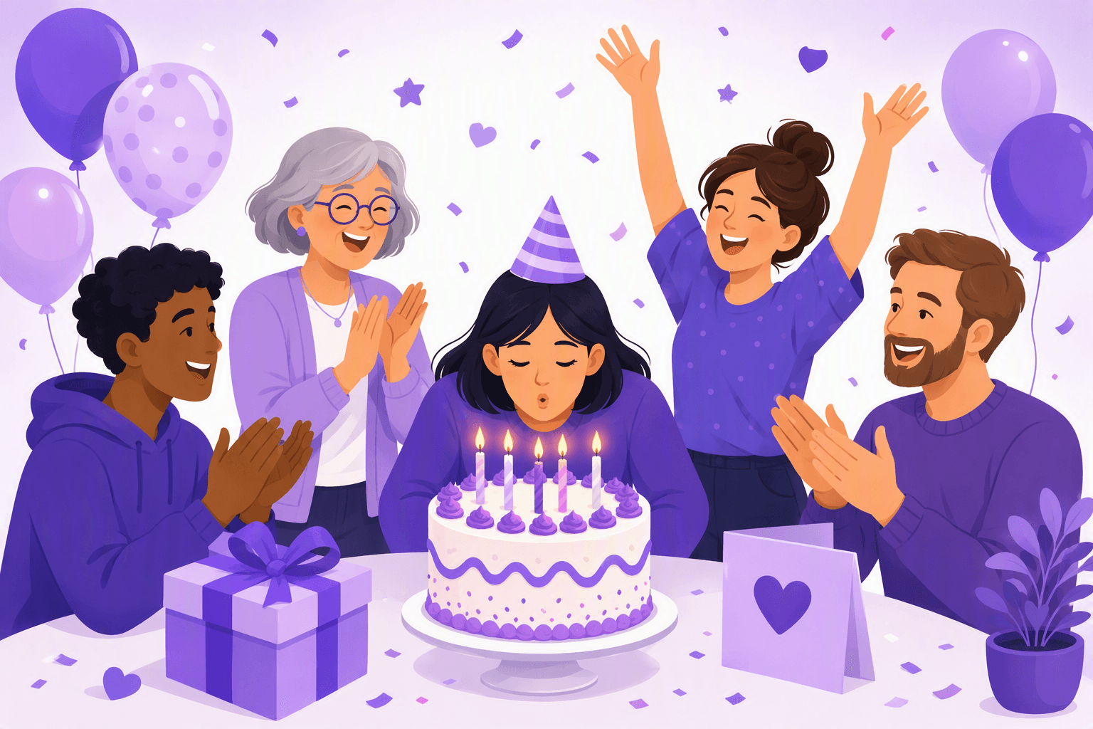 Friends and family gathered around a birthday cake with lit candles, clapping while the birthday person blows out the candles
