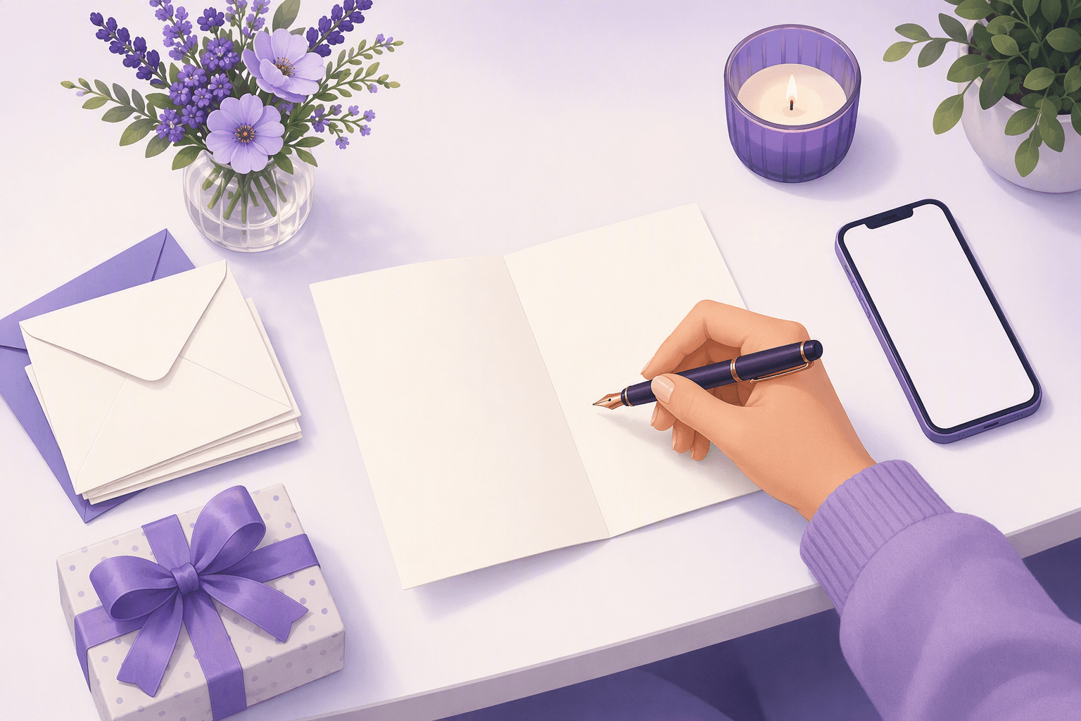 A hand with a fountain pen over an open blank greeting card, with envelopes, a wrapped gift and flowers on the desk