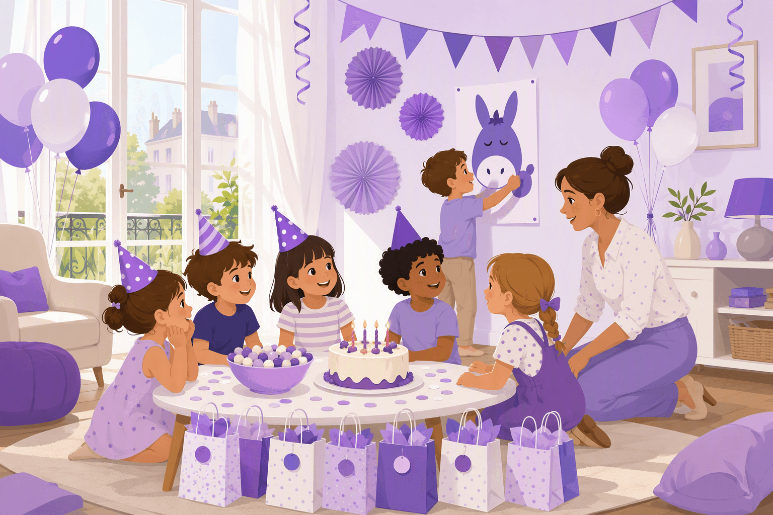 French children's birthday snack party with party hats, a candlelit cake, a party game and candy bags lined up for guests