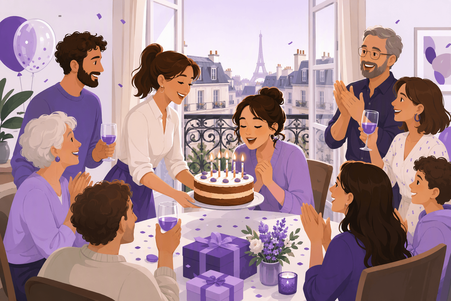 Family and friends gathered around a Parisian table as a birthday cake with lit candles is carried in